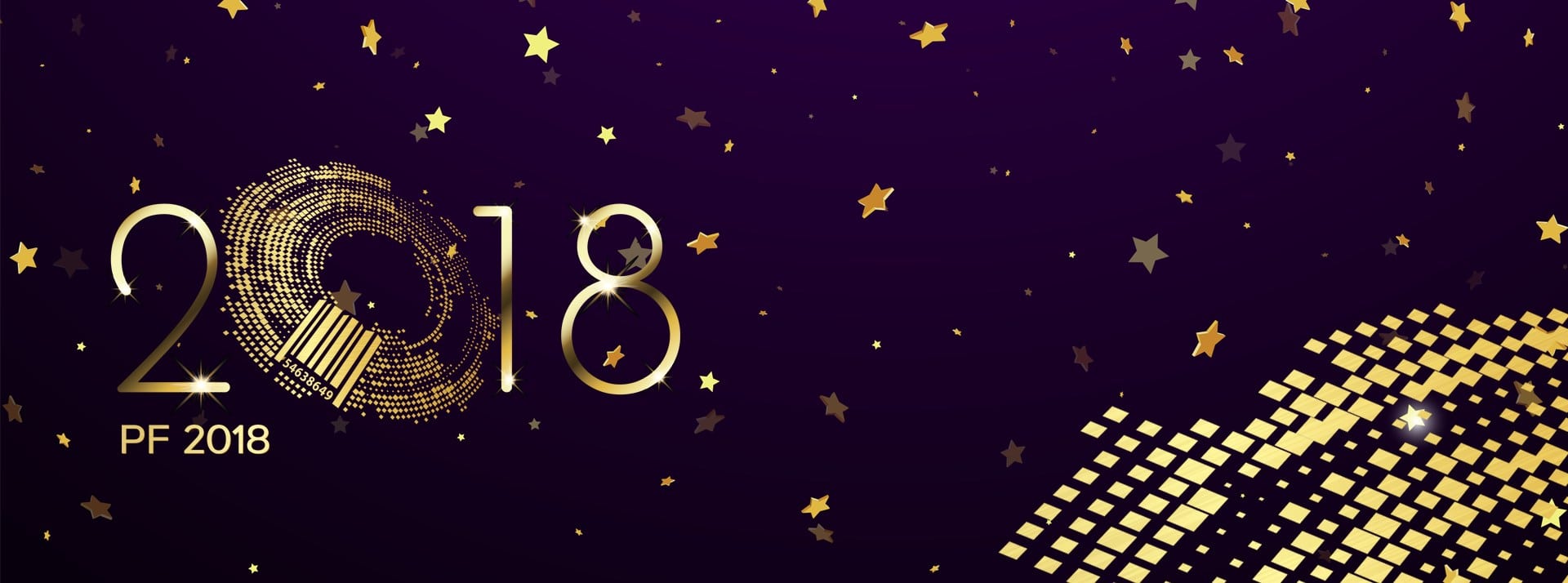 fialové pozadí se zlatými hvězdami a čísly.